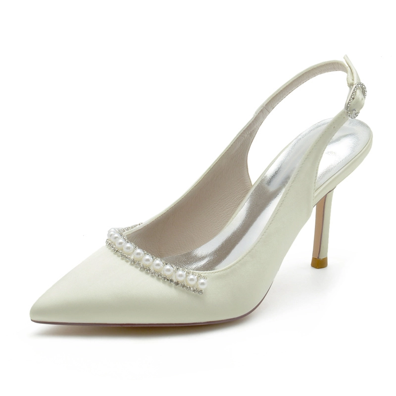 Witte satijnen spitse neus parel slingback pumps stiletto