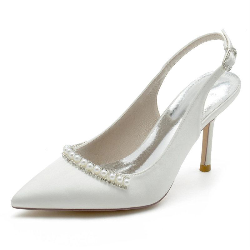 Witte satijnen spitse neus parel slingback pumps stiletto