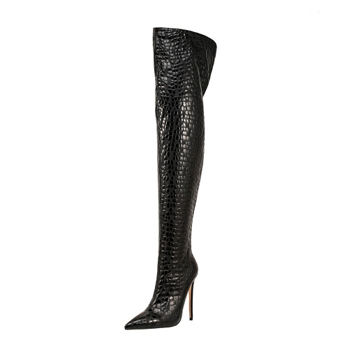 Zwarte laarzen met krokodillenprint en overknee stiletto laarzen