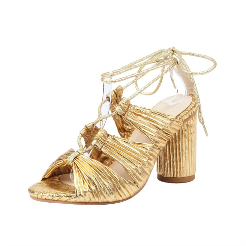 Golden Block Heel Gladiator Sandals Plisse Lace Up Dresses Sandals Shoes