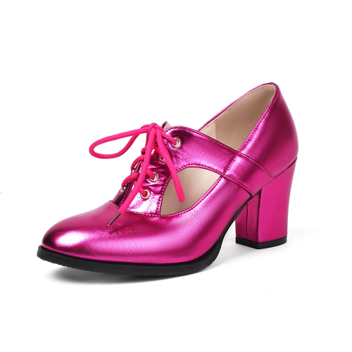 Magenta Chunky Heel Hollow Out Loafer Pumps Lace Up Women's Shoes