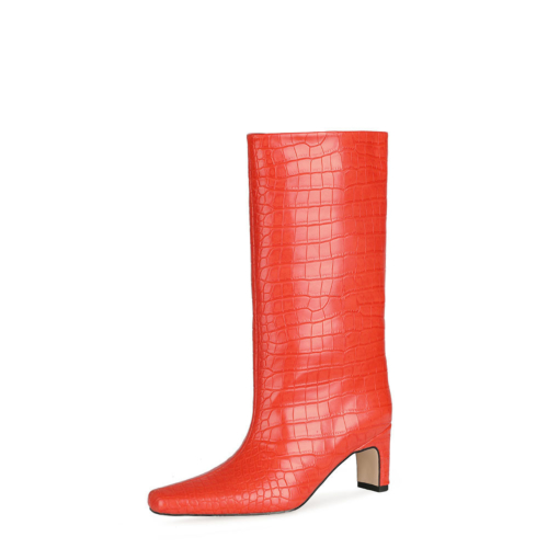 Rode herfst krokodillenprint brede kuit hoge laarsjes vierkante teen lage hak kniehoge laarzen voor dames