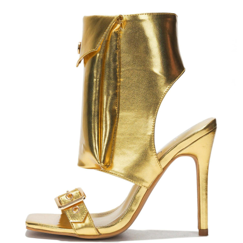 Golden Mirror Metallic Pocket Open Toe Stiletto Heel Party Sandals