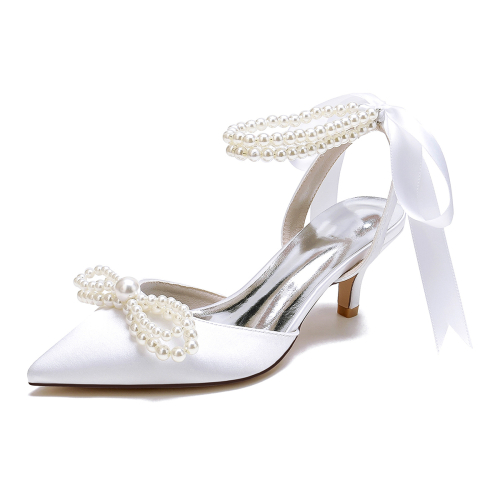White Pearl Bow Satin Pointed Toe Kitten Heel Strappy Slingback Sandals