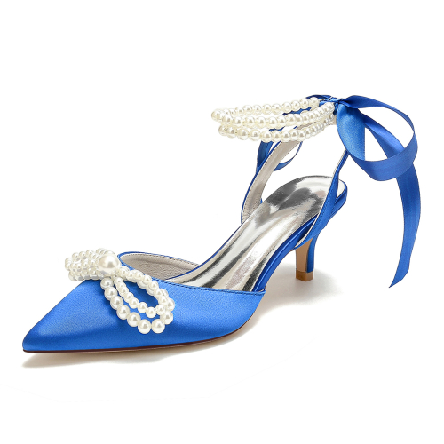 Royal Blue Pearl Bow Satin Pointed Toe Kitten Heel Strappy Slingback Sandals