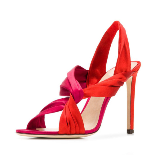 Rode open teen naaldhakken en sandalen met gekruiste bandjes, schoenen
