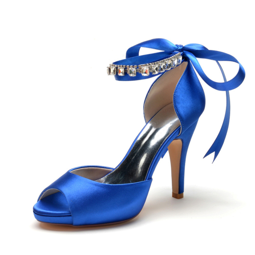 Sapphire Blue Peep Toe Bow Trouwschoenen Enkelband Stiletto Heel Platform Sandalen