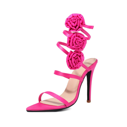 Magenta Satin Flower Embellished Wrap Around High Heels Sandals For Party