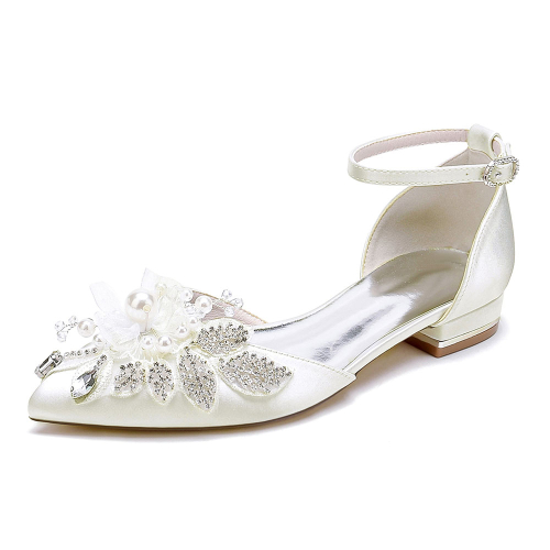 Ivory Satin Flowers Pointed Toe Ankle Strap Flat Wedding Shoes