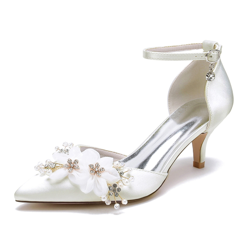 Ivory Satin Lace Flowers Pointed Toe Kitten Heel Ankle Strap Wedding Shoes