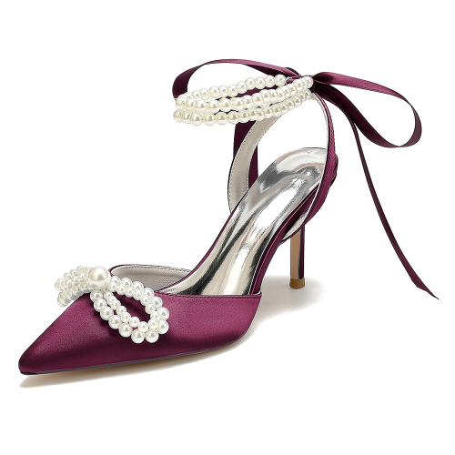 Burgundy Satin Pearl Bow Pointed Toe Stiletto Heel Strappy Ankle Strap Wedding Sandals