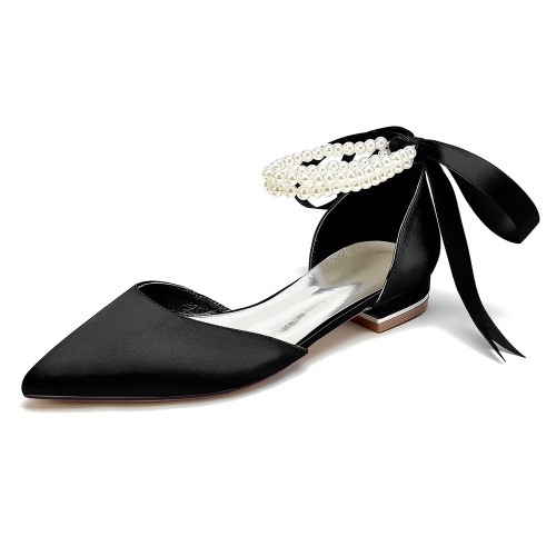 Black Satin Pointed Toe Pearl Strap Lace up Wedding Flats