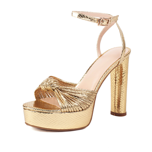 Gold Tie Snake Printed Platform Chunky Heels Prom Sandals