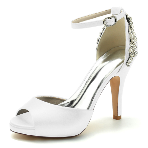 Witte satijnen peep toe trouwschoenen enkelband naaldhak platform sandalen