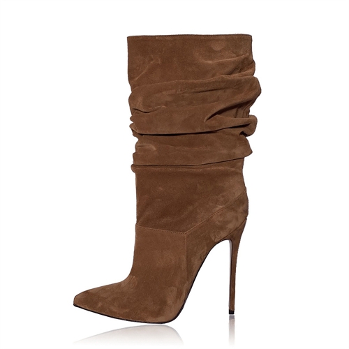 Bruine imitatiesuède slouch boots met stilettohak voor dames