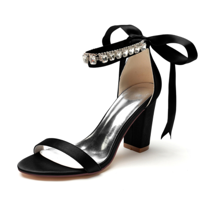 Zwarte open teen terug strik bruiloft sandalen strass enkelbandje hakken schoenen