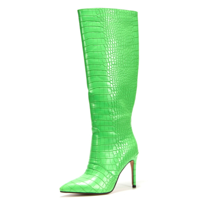 Neon limoengroene laarzen Slangenprint naaldhakken kniehoge laarzen voor de winter
