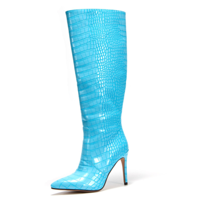 Neonblauwe laarzen met hak, slangenprint, naaldhakken, kniehoge laarzen voor de winter