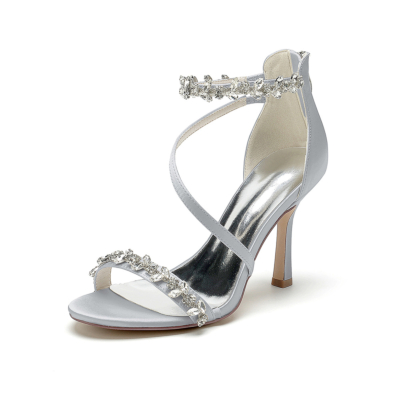 Zilveren satijnen strass open teen naaldhak bruiloft sandalen