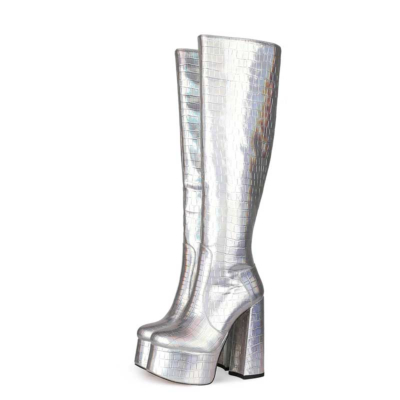 Zilver metallic krokodillenprint hoge plateau laarzen kniehoge laarzen
