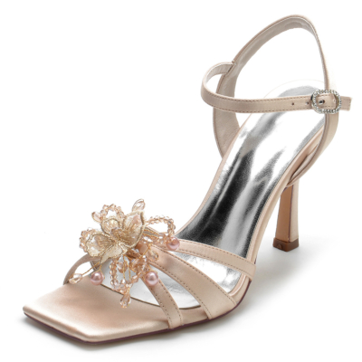Champange kralen en kant bloemen open teen stiletto enkelbandje sandalen voor feest