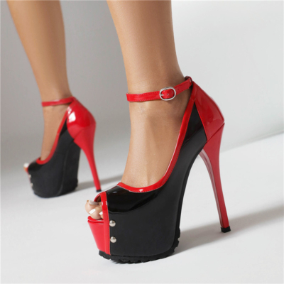 Zwart en rood platform peeptoe sandalen enkelband klinknagel stiletto pleaser hakken