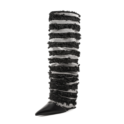 Zwarte denim plissélaarzen sleehak hakken met puntige neus kniehoge laarzen