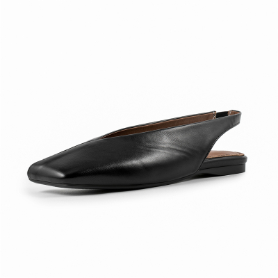 Zwart lederen V-cut Slingback flats Comfortabele vierkante neus brede platte schoenen