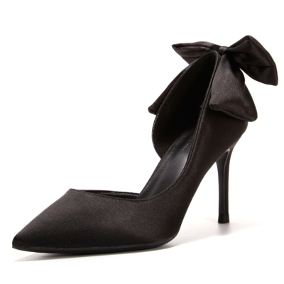 Zwarte satijnen strik terug pumps D'orsay naaldhakken bruids schoenen voor bruiloft