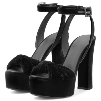 Zwart fluwelen geknoopte hoge blokhakken platform sandalen enkelband trouwschoenen