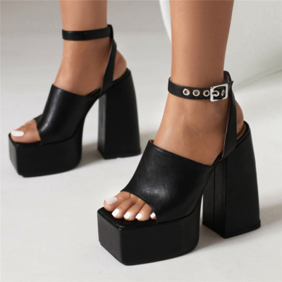 Zwarte blokhak enkelband muilezels sandalen instapsandalen schoenen