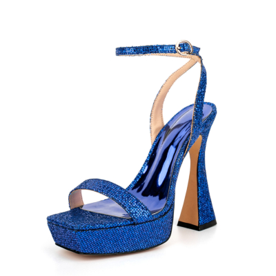 Blauwe glitter spoolhak platform sandalen vierkante neus enkelbandje hoge hakken
