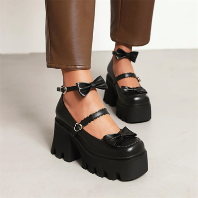 Zwart mat strikplatform Mary Jane schoenen Chunky hakken Pumps met drie riemgesp