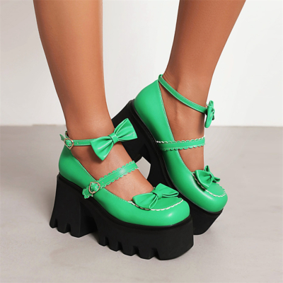 Groene Mary Jane-schoenen met strik en hakken Chunky Heels Pumps met drie riemgesp