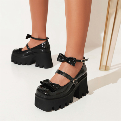 Zwart lakleer strikplatform Mary Jane schoenen Chunky hakken Pumps met drie riemgesp