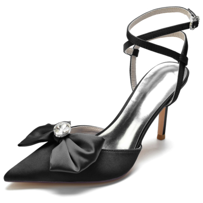 Zwarte strik slingback hakken satijn stiletto hoge hak gesloten teen schoenen