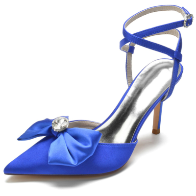 Royal Blue Bow Slingback Heels Satijn Stiletto High Heel Closed Toe Shoes