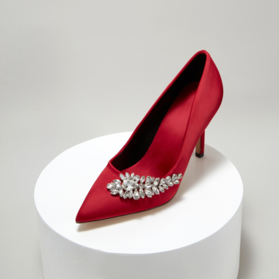 Rode bruiloft kristal verfraaid puntige teen naaldhakken satijnen pumps schoenen voor dames