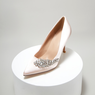 Champagne bruiloft kristal verfraaid puntige teen naaldhakken satijnen pumps schoenen voor dames