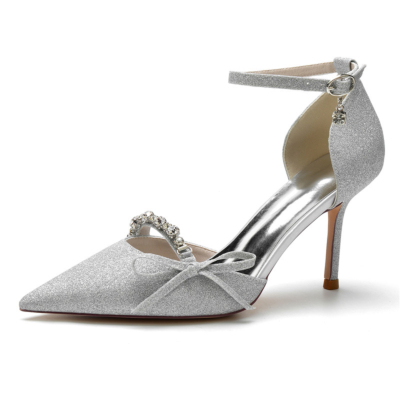 Zilveren bruidsglitter D'orsay pumps hakken strass strik pailletten stiletto schoenen