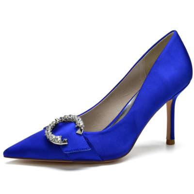 Koningsblauwe bruids strass gesp pumps naaldhakken satijnen schoenen