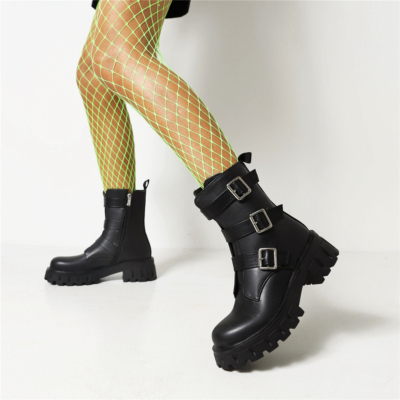 Zwarte matte gesp enkellaarzen Platform Chunky Heel Women's Gothic Combat Boots