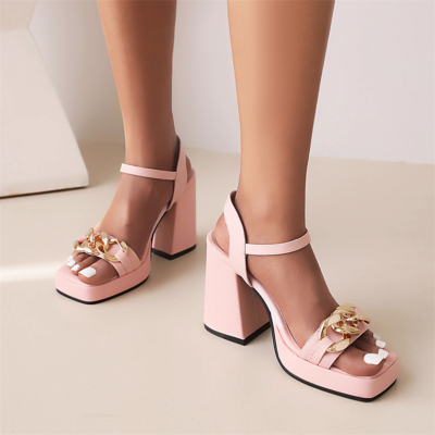 Roze met ketting verfraaide enkelband platform sandalen dikke hoge hakken