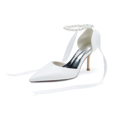 Witte chique parel enkel D'orsay pumps schoenen stevige naaldhakken met rugband