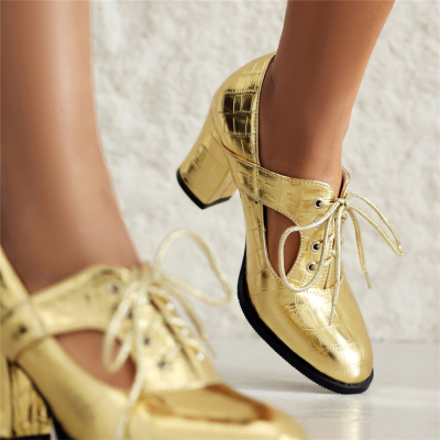Gouden slangenprint met dikke hak uitgeholde loaferpumps met vetersluiting voor damesschoenen