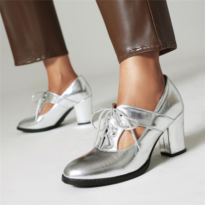 Silver Chunky Heel Hollow Out Loafer Pumps Lace Up Women's Shoes