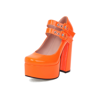 Neon Oranje Chunky Heel Platform Pumps Dubbele Band Y2K Mary Jane Shoes