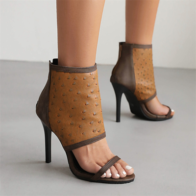 Bruin uitgeholde stiletto sandalen terug rits patroon schoenen voor dames
