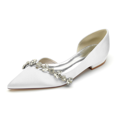 Witte comfortabele platte schoenen van satijn met uitgesneden platte D'orsay-schoenen met strassteentjes