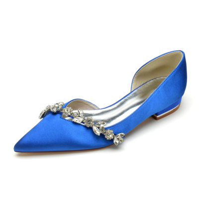 Royal Blue Comfy Satin Flats Cut Out D'orsay platte schoenen met strass steentjes